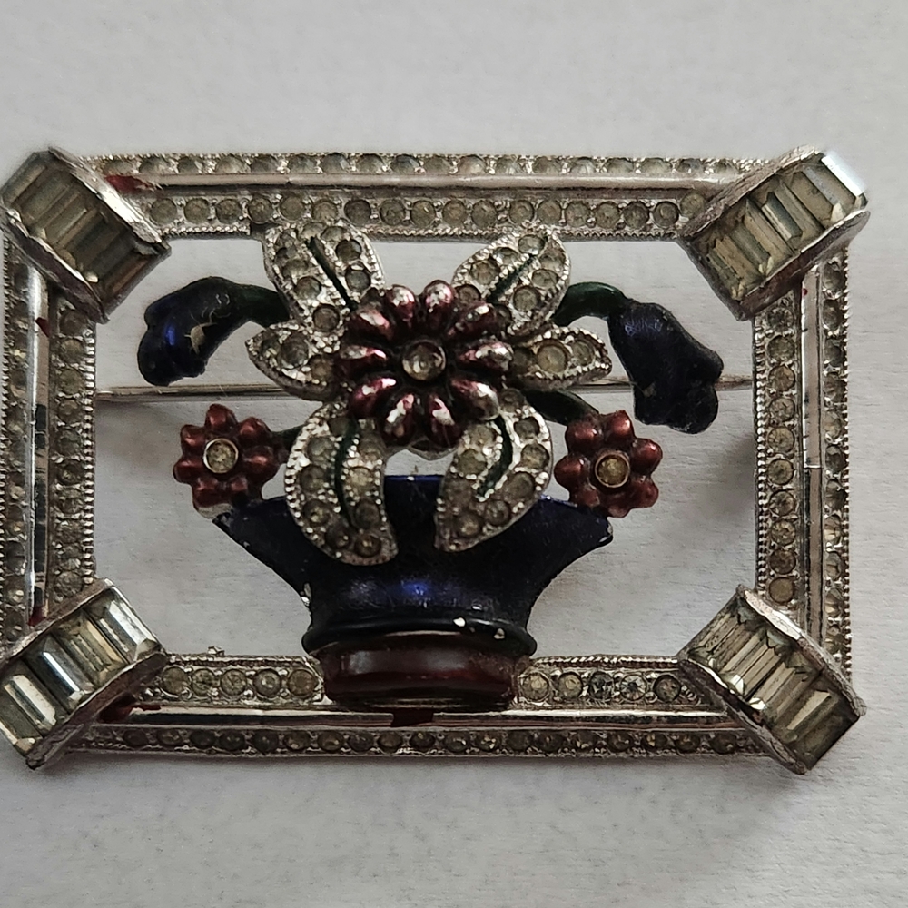 Antique Coro Silver and Blue Floral Brooch